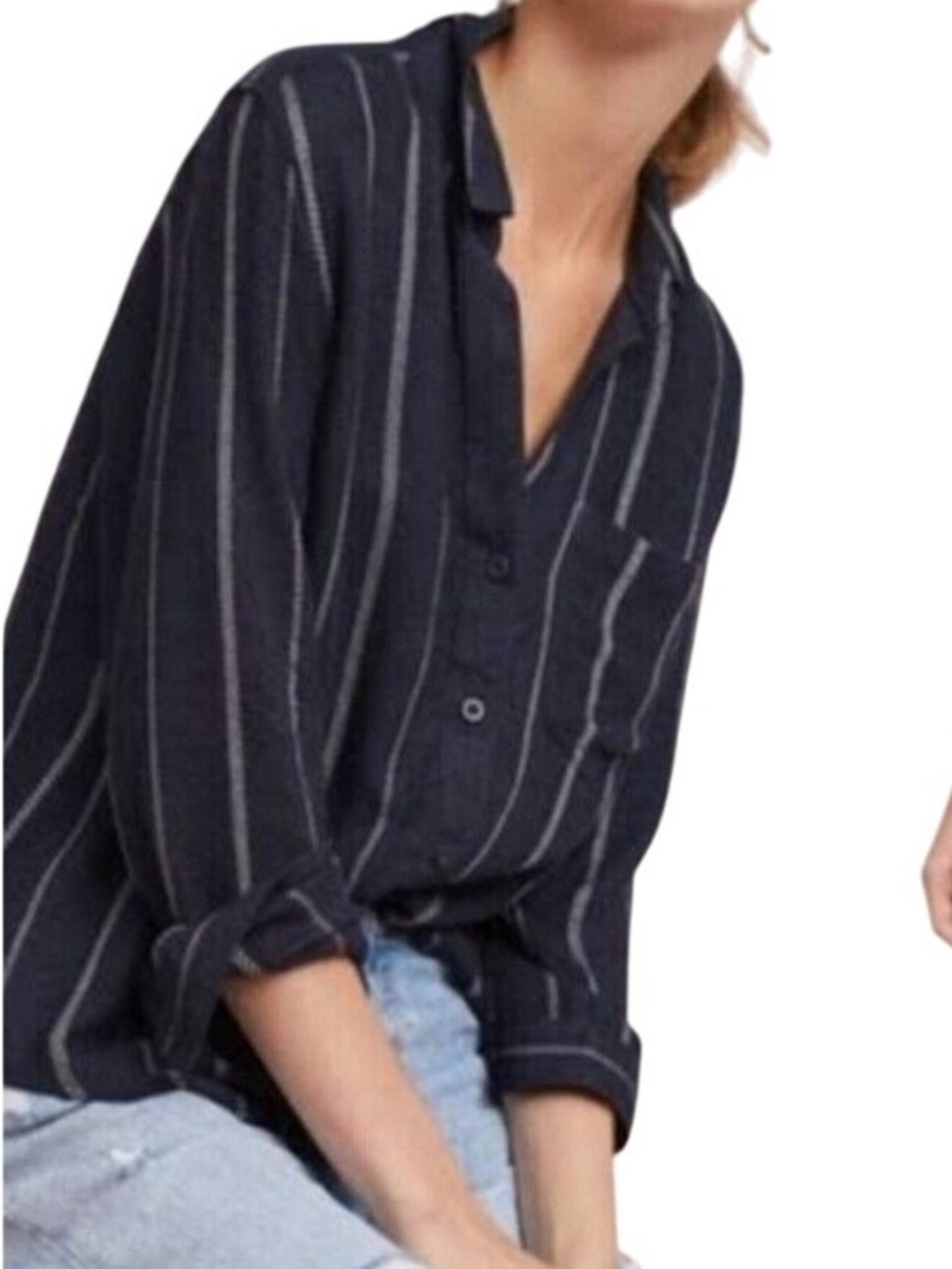 Cloth & Stone Anthropologie Dash Dot Stripe Shirt Long Sleeve Blue & White Top L